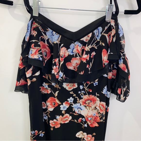 WHBM Black Red Blue Gold Floral Cold-Shoulder Metallic Embroidered Maxi Dress 6 - Picture 5 of 13